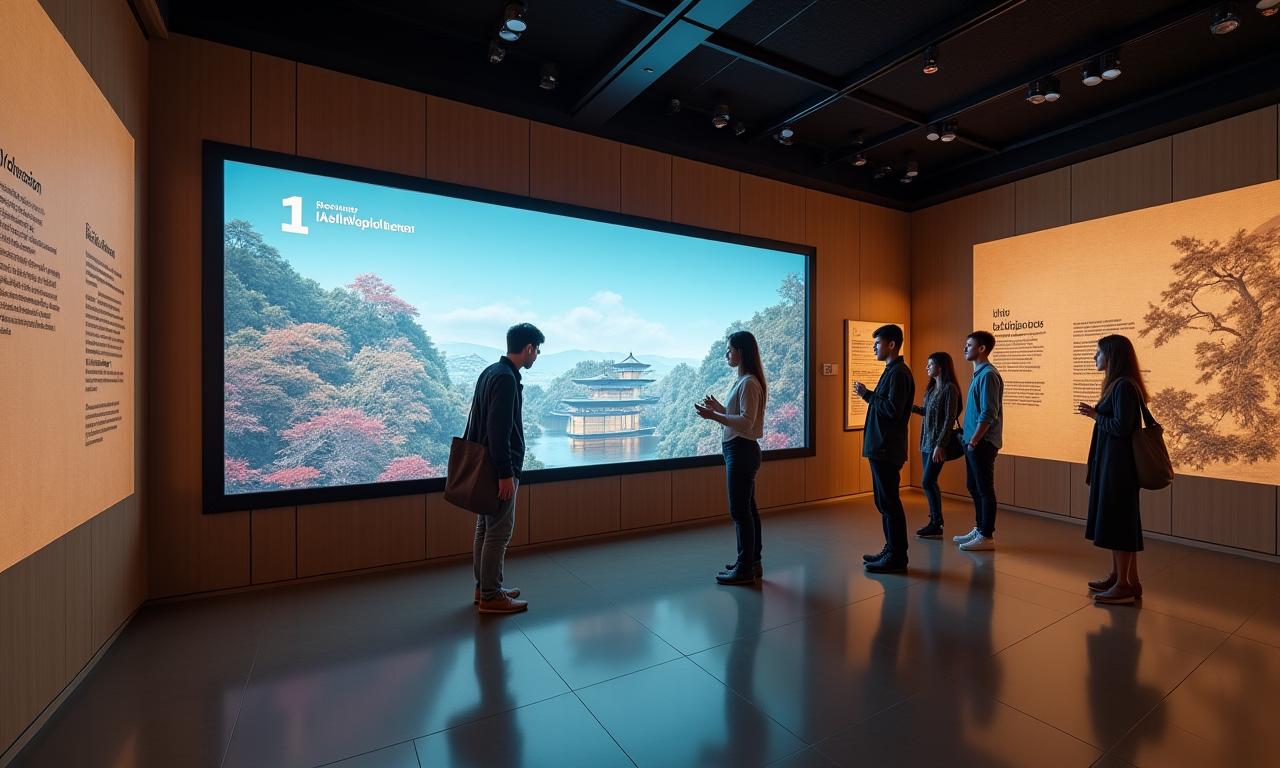 京都デジタル歴史博物館で大型タッチディスプレイを操作する来場者