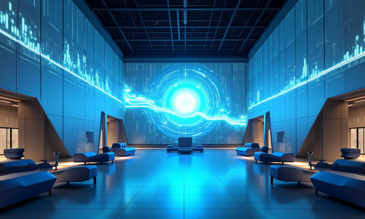 大規模なデータビジュアライゼーションスクリーンを備えた未来的な企業ロビー